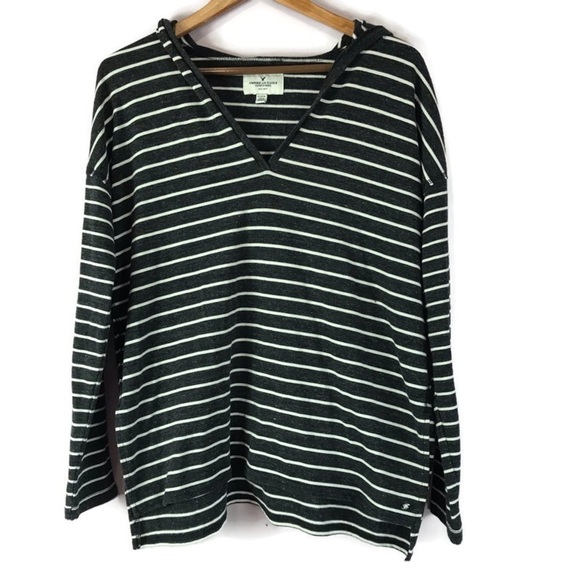 AMERICAN EAGLE Heathered Striped V Neck Split Hem Pullover Hoodie Sweatshirt M - Picture 1 of 10